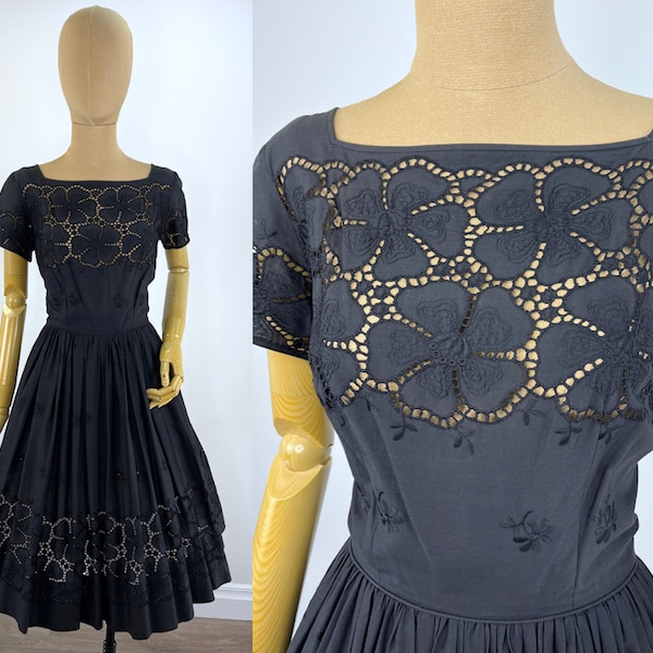 Vintage 1950s Black Cotton Floral Eyelet Dress with a Full Skirt.  1950s Fit and Flare Dress by R & K Originals