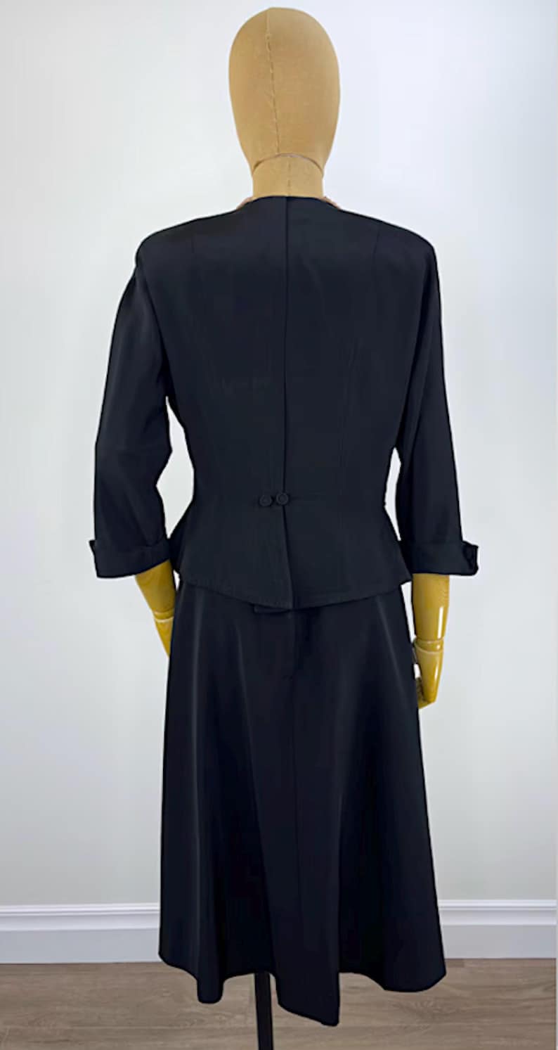 Vintage Evening Suit 1940s Black Faille Jacket Beaded Collar Outfit 1950s Formal Wear 1950s Nipped Waist Retro Cocktail Attire Two Piece image 7