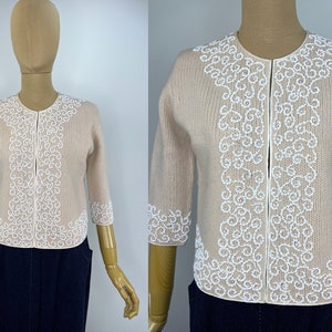 Vintage 1960s Beige Cardigan, White Seed Bead Scroll Pattern Embellishments. Marshall Field & Company