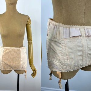 Vintage 1950s Peach Cotton Ticking Girdle Corset with Garter Clips.  Handmade