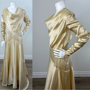 Vintage 1930s French Vanilla Silk Satin Wedding Gown with Cowl Neck and Shaped Skirt Yoke, Handmade. Petite Sizing