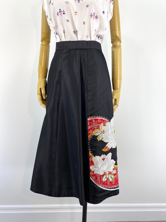 Vintage 1950s Black Taffeta A-Line Skirt with Bro… - image 4