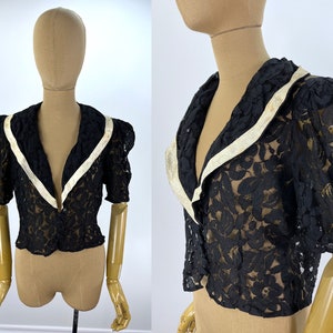 Vintage 1930s Black Lace Jacket with Ivory Trimmed Shawl Collar and Lace Covered Buttons, Handmade