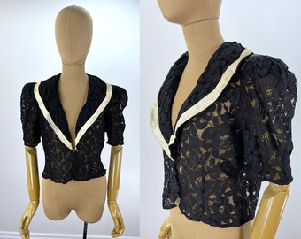 Vintage 1930s Black Lace Jacket with Ivory Trimmed Shawl Collar and Lace Covered Buttons, Handmade