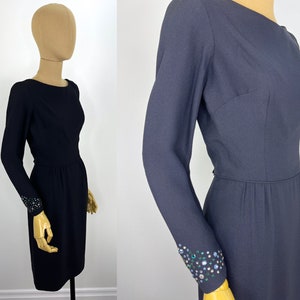 Vintage Late 1950s/Early 1960s Black Crepe Wiggle Dress, Green, Blue, White & Champagne Rhinestone Sleeve Embellishment. Little Black Dress
