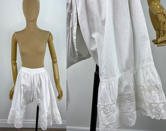 Vintage Early 20th Century White Cotton Split Drawer Bloomers with Crochet Lace at the Hem Ruffle.  Vintage White Cotton Pettipants
