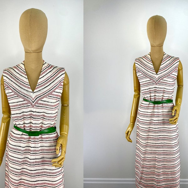 Vintage 1960s/1970s Off-White, Red and Grey Horizontal Striped Sleeveless Dress.  Angled Contrasting Neckline.  Handmade.