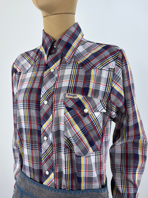 Vintage 1970s Blue Plaid Wrangler Western Style S… - image 2