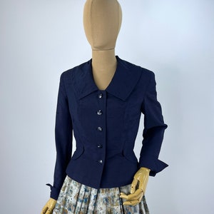 Vintage 1950s Navy Blue Nipped Waist Raw Silk Blazer With Wide Collar and Curved Nipped Waist Detail