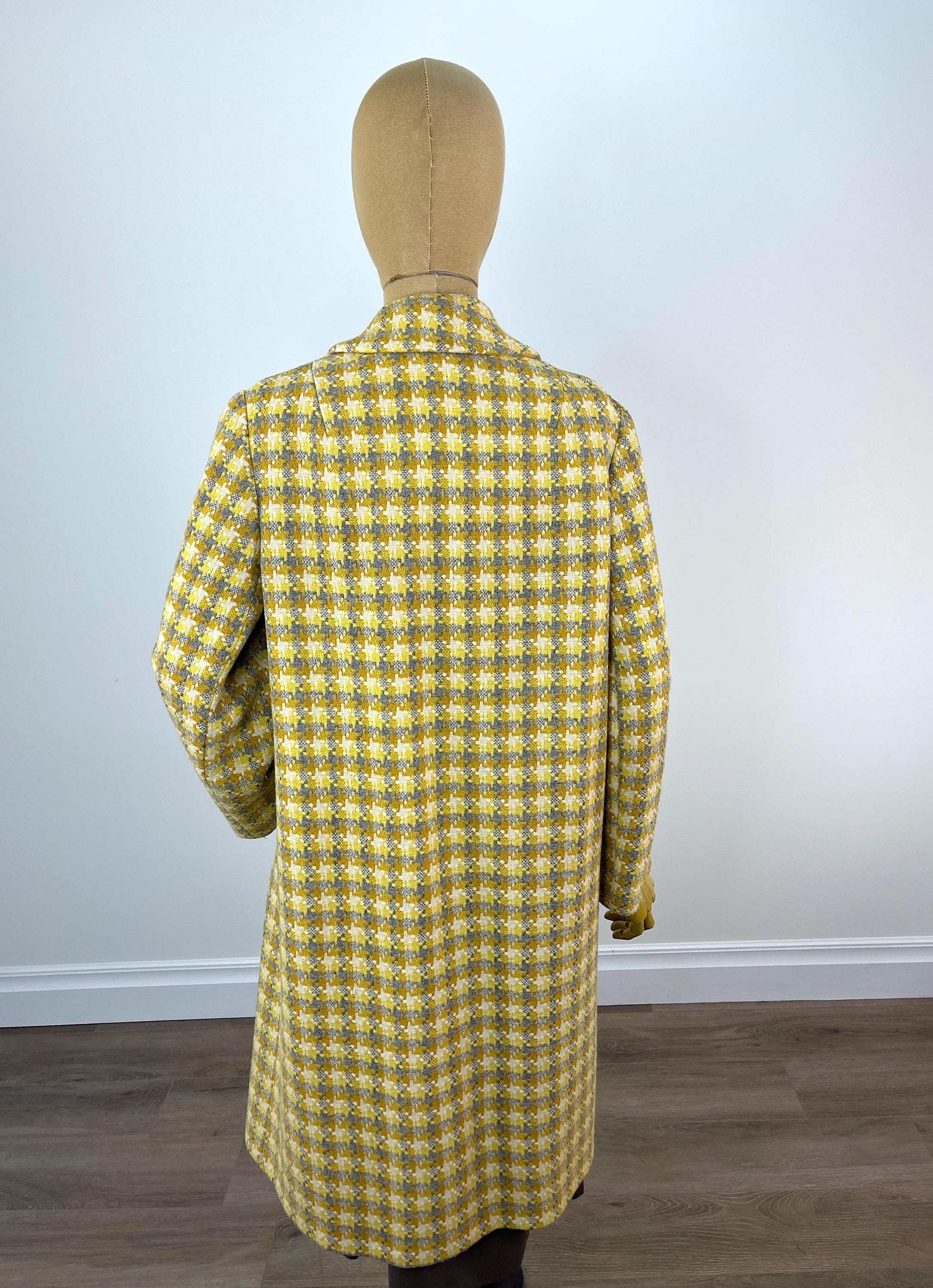 Vintage 1960s Yellow, White, Ochre and Grey Houndstooth Tweed