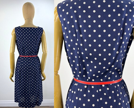 Vintage 1960s Navy and White Polka Dot Sheath Dre… - image 5