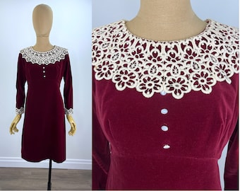 Vintage 1970s Burgundy Velveteen Mini Dress with Thick Ivory Crochet Lace Collar and Cuffs, Handmade. Originally Owed by Mary Poole