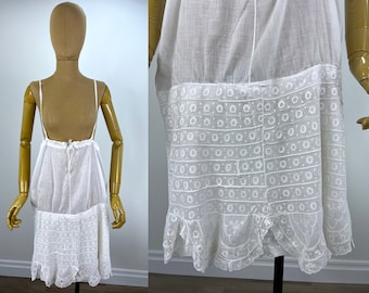 Vintage 1910s/Early 1920s White Cotton Petticoat with Lace Hem and Suspenders, Handmade