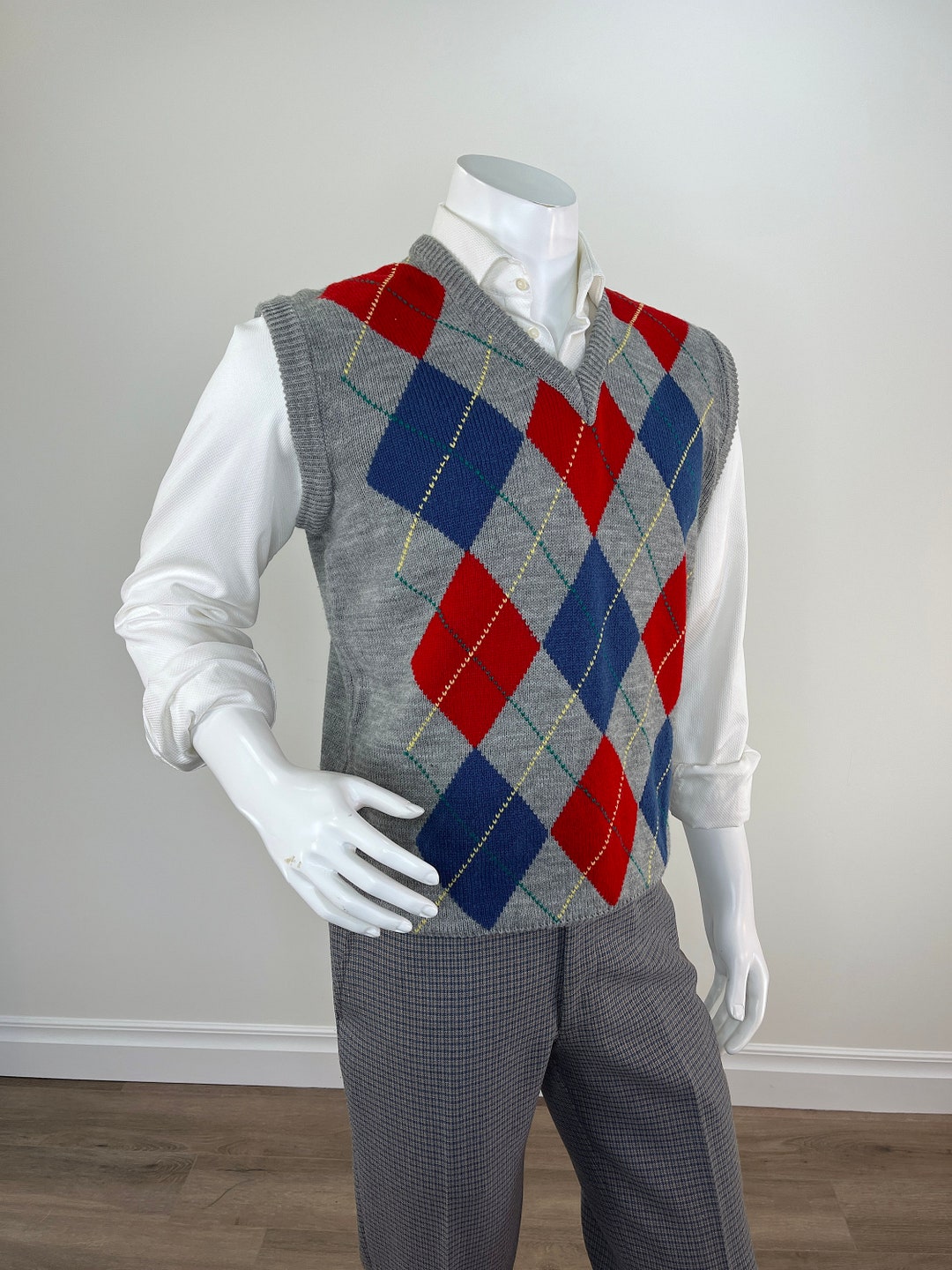 Vintage 1980s Men's Argyle Sweater Vest in Grey, Blue, Red, Yellow