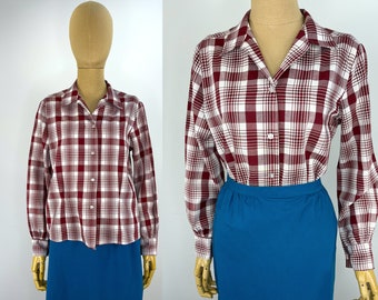 Vintage 1950s/1960s Burgundy and White Plaid Blouse.  Vintage Carol Brent Blouse