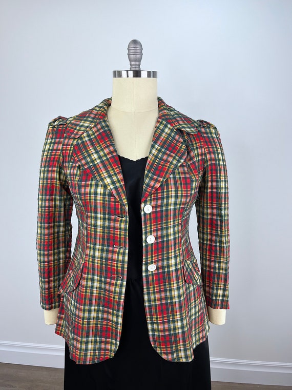 Vintage 1970s Red and Green Plaid Seersucker Blaz… - image 7