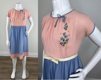 Vintage 1960s Pink and Blue Girl's Dress with Floral Embroidery on the Bodice