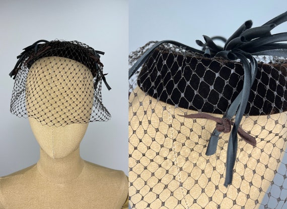Vintage 1950s Brown Velvet Circle Fascinator With Brown Veil 