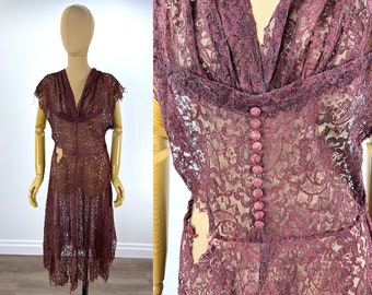 Vintage 1930s Burgundy Lace Dress For Study, Inspiration or Pattern, As Is