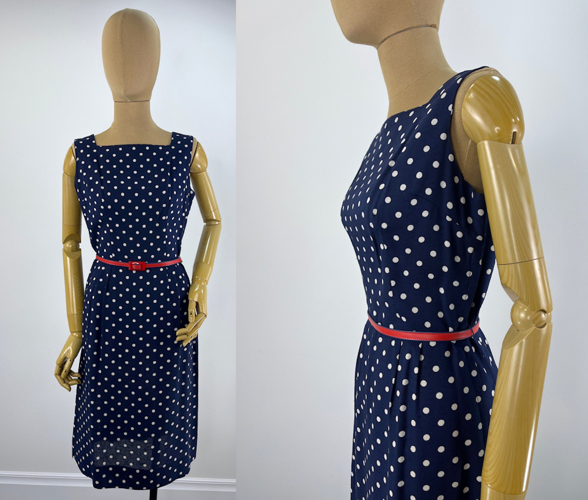 Vintage 1960s Navy and White Polka Dot Sheath Dress. High Square Neckline and Slim Skirt. Handmade Etsy