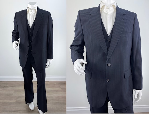 Vintage 1990s/2000s Navy Blue Striped Bill Blass 3 Piece Suit