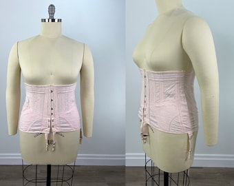 Vintage Mid Century Pale Pink Underbust Corset, Front Busk with Back Lacing & Garter Clips. 1950s Pale Pink Waist Cincher with Garter Clips.