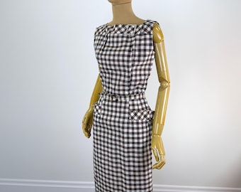 Vintage Late 1950s Brown and White Gingham Wiggle Dress with Rhinestone Brooch & Matching Belt