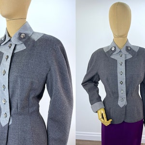 Vintage Late 1940s/Early 1950s Grey Blazer. Contrasting Dove Collar & Placket, Mother of Pearl and Rhinestone Buttons, Padded Hip by Nori.