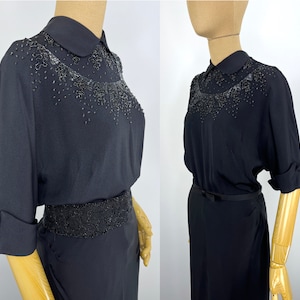 Vintage Late 1940s/Early 1950s Black Crepe Cocktail Dress With Beaded Neckline and Fan of Pleats on the Back of the Skirt