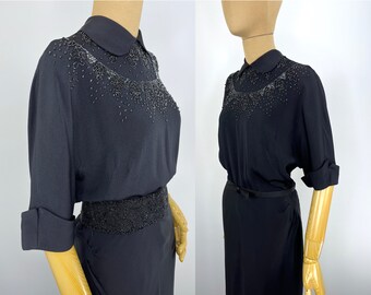 Vintage Late 1940s/Early 1950s Black Crepe Cocktail Dress With Beaded Neckline and Fan of Pleats on the Back of the Skirt