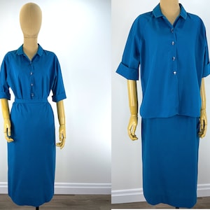 Vintage 1950s/1960s Blue Skirt & Blouse Set, Raglan Sleeve, Straight Skirt, Contrast Stitching. Vintage Patite A Belfast Cotton by Miss Pat