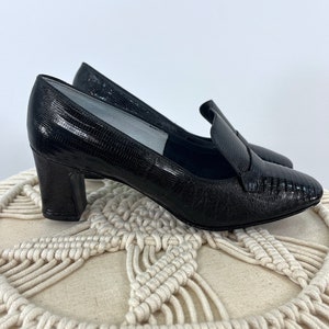 Vintage 1960s Black Genuine Lizard Heeled Loafers with Extended Tongue by Harry the Shoeman Size 6 1/2 Narrow.