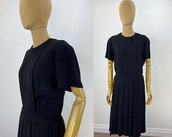 Vintage 1950s Black Crepe Dress.  Pleated Bodice and Skirt, Short Sleeve, Handmade