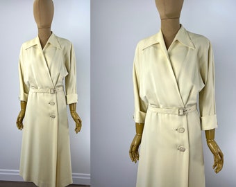 Vintage 1950s French Vanilla Faux Wrap Trench Dress With Dolman Sleeves, Covered Buttons and Two Matching Belts