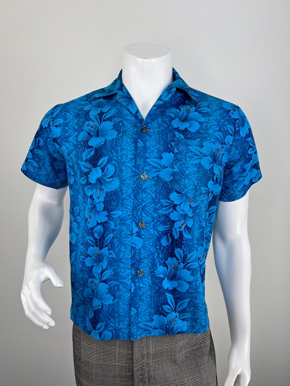 Vintage 1960s Men's Royal Blue Hawaiian HIbiscus … - image 2