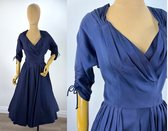 Vintage Late 1940s/Early 1950s Navy Blue Dress wi… - image 1