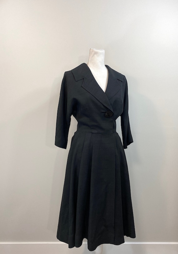 Vintage 1950s Black Raw Silk Dress, Wide Collar, … - image 1