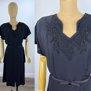 Vintage 1940s Black Crepe Cocktail Dress with Beading, Dolman Sleeve and Tiered Skirt/Long Peplum, Great Vintage Size