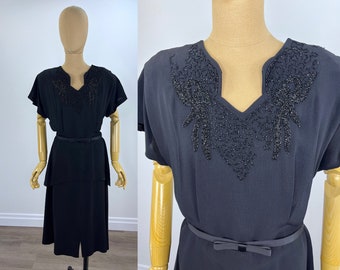 Vintage 1940s Black Crepe Cocktail Dress with Beading Dolman Sleeve and Tiered Skirt/Long Peplum Great Vintage Size
