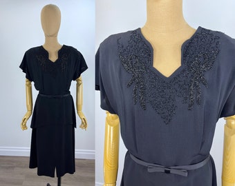 Vintage 1940s Black Crepe Cocktail Dress with Beading, Dolman Sleeve and Tiered Skirt/Long Peplum, Great Vintage Size