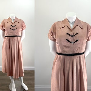 Vintage 1950s Pink Faille Cocktail Dress with Rhinestone Buttons and Black Piping.  Great Vintage Size