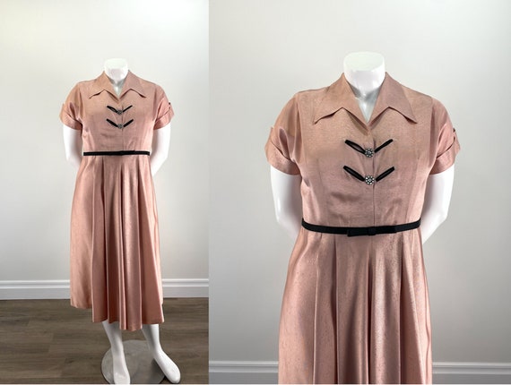 Vintage 1950s Pink Faille Cocktail Dress with Rhi… - image 1