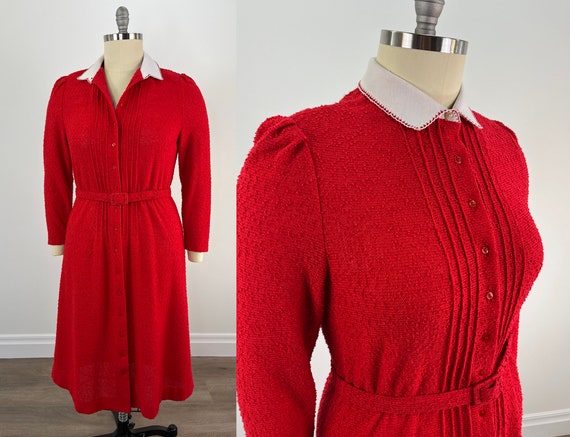 Vintage 1980s Red Secretary Dress with Puff Sleeve & Pin Tucks, Matching Covered Buckle Belt and Contrasting White Collar