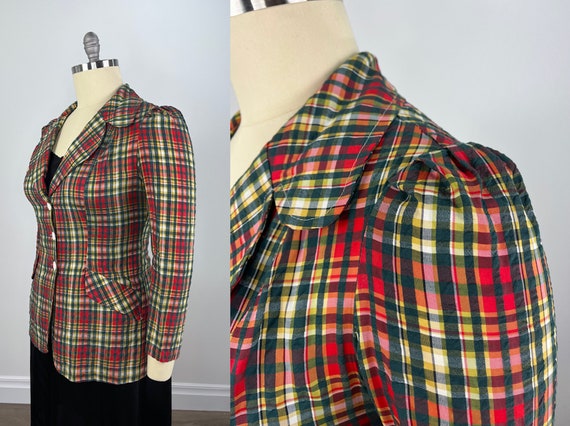 Vintage 1970s Red and Green Plaid Seersucker Blaz… - image 3