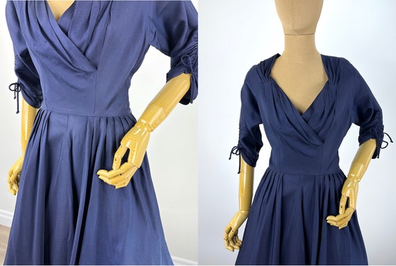 Vintage Late 1940s/Early 1950s Navy Blue Dress wi… - image 6