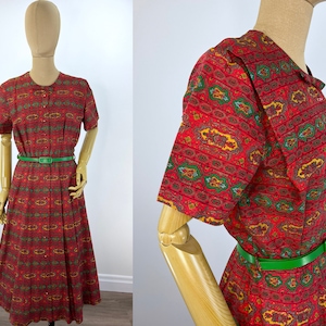 Vintage 1950s Red Cotton Print Shirtwaist Dress.  1950s Red Print Dress.  Rhinestone Accent in Buttons