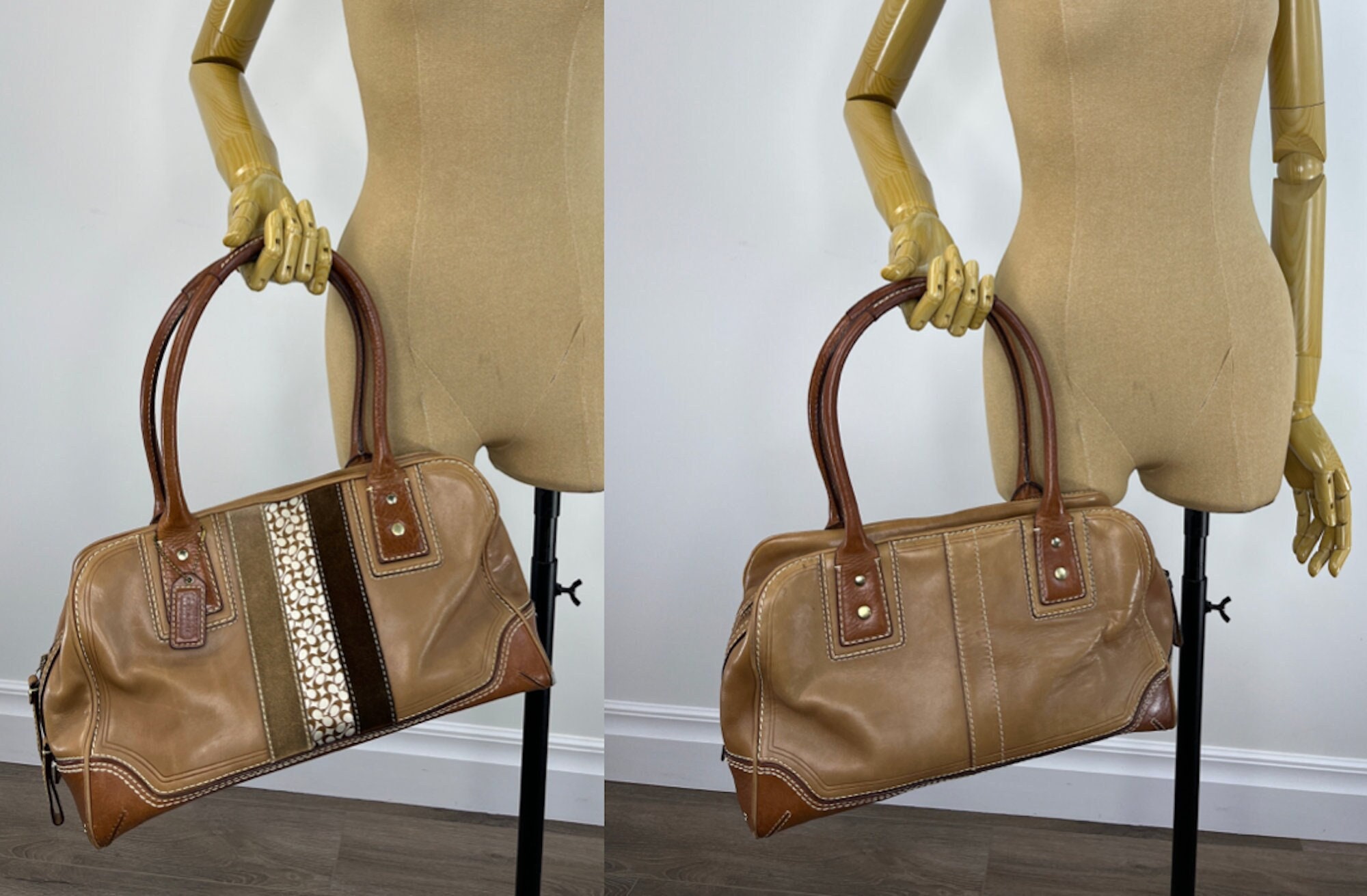 Vintage 2000s Tan and Brown Leather Coach Tote Bag, Coach Shoulder