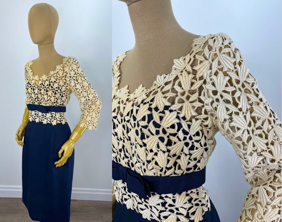 Vintage 1970s Navy Blue Dress with Thick Crochet Lace… - Gem