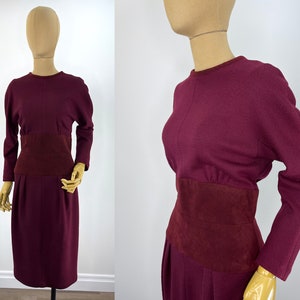 Vintage Late 1980s/Early 1990s Merlot Wool Dress with a Faux Suede Wide Waistband Size 10