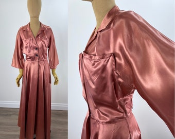 Vintage 1950s Dusty Rose Satin Dress With Dolman Sleeves and Pockets.  1950s Dusty Rose Satin Dressing Gown.  Styled by Dorian